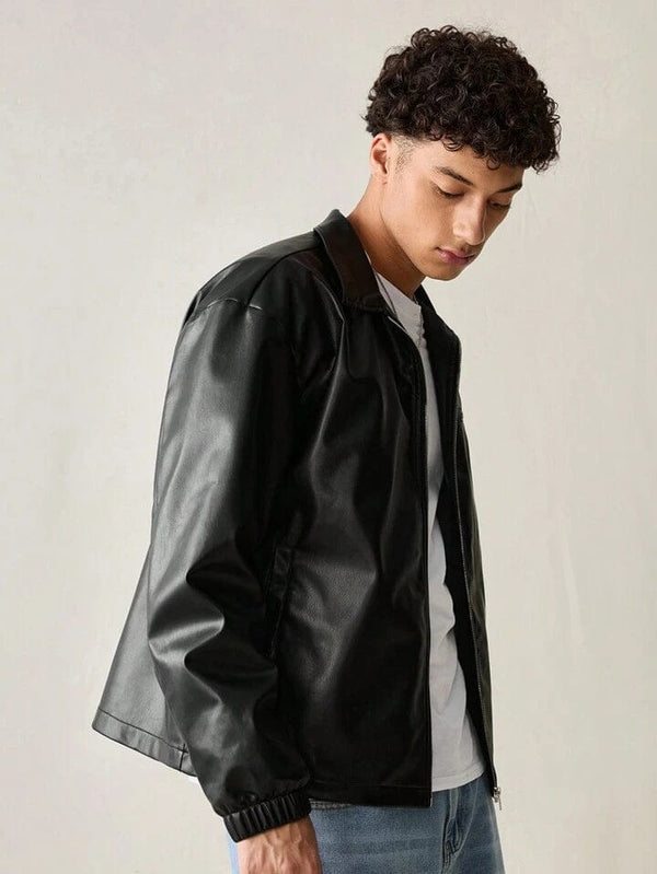 Men Black Faux Leather Jacket – Classic Zip-Up Streetwear Style | Dravix Clothing