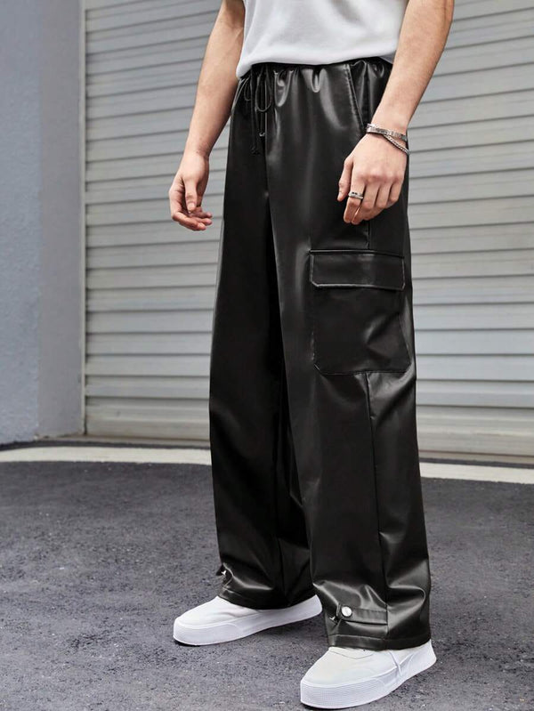 Unisex Black Faux Leather Cargo Pants – Streetwear Wide-Leg Trousers | Dravix Clothing