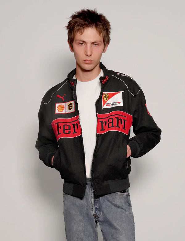Black Ferrari Racing Jacket – Luxury Motorsport-Inspired Streetwear | Dravix Clothing