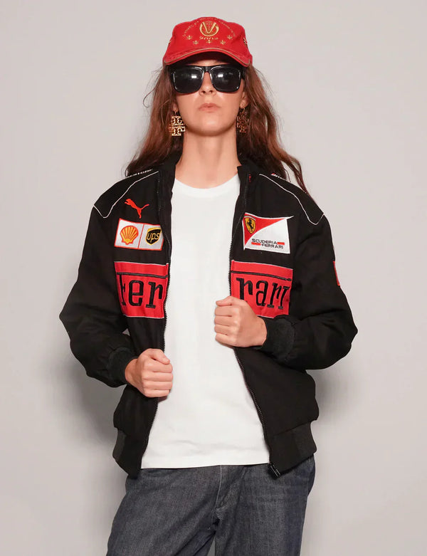 Women Black Ferrari Racing Jacket – Ferrari-Inspired Design Streewear | Dravix Clothing