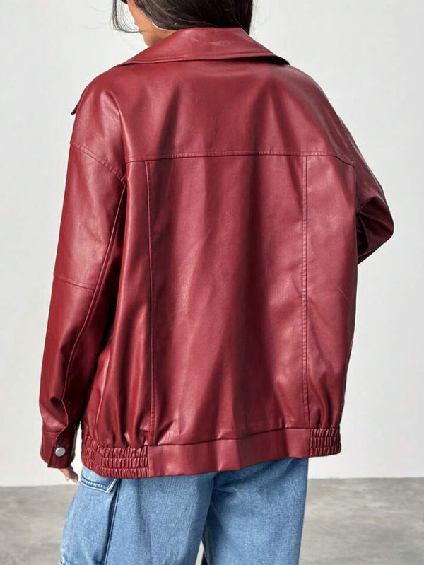 Maroon Faux Leather Jacket – Stylish Streetwear Outerwear for Unisex | Dravix Clothing