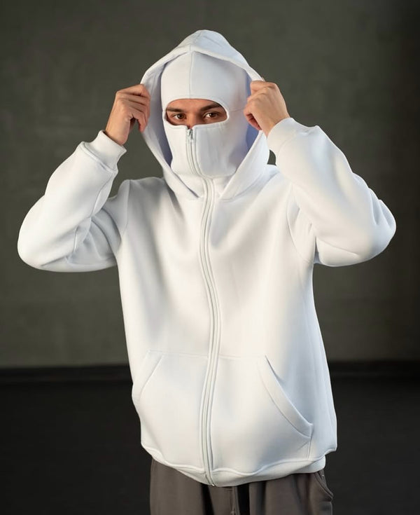 White Balaclava Hoodie – Streetwear Masked Pullover for Men & Women | Dravix Clothing