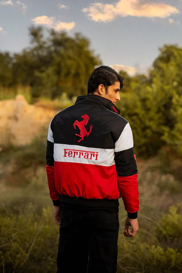 Tri-Color Ferrari Racing Bomber Jacket – Premium Motorsport Streetwear | Dravix Clothing