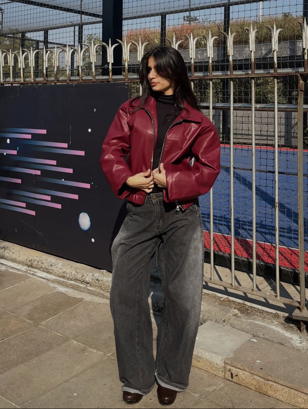 Premium Faux Maroon Leather Jacket - Affordable Slim Fit Outerwear | Dravix